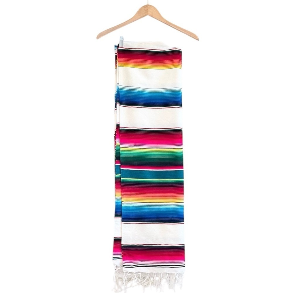 Woven Throw Blanket Light Weight Sarape White Turquoise Orange Red 80" x 50"